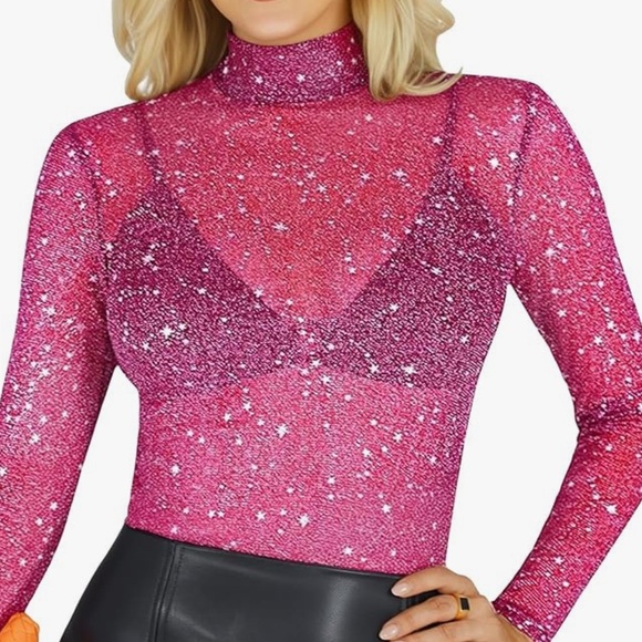 Pink Glitter Sheer Mesh Top - Picture 1 of 3